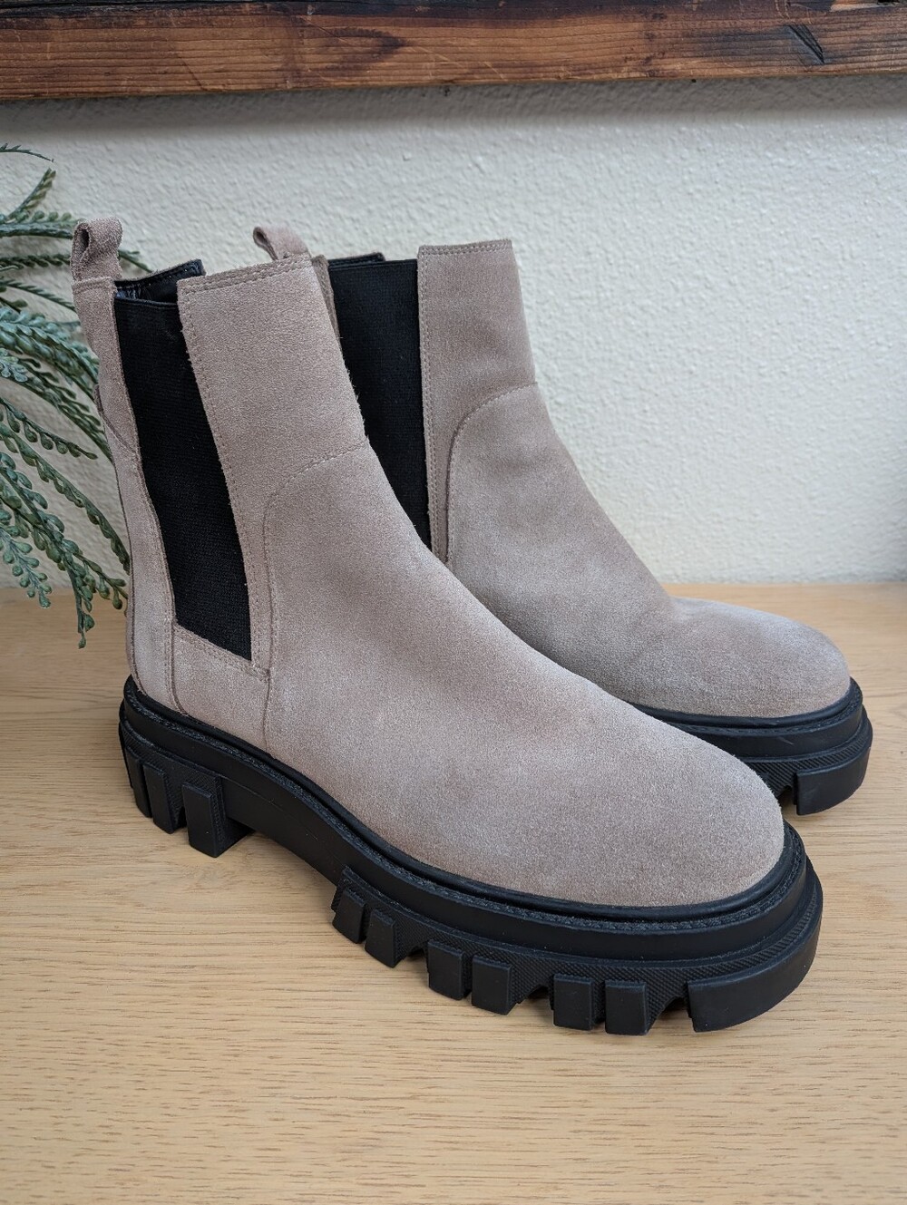 Marc Fisher Taupe Suede Chelsea Lug Sole Ankle Boots